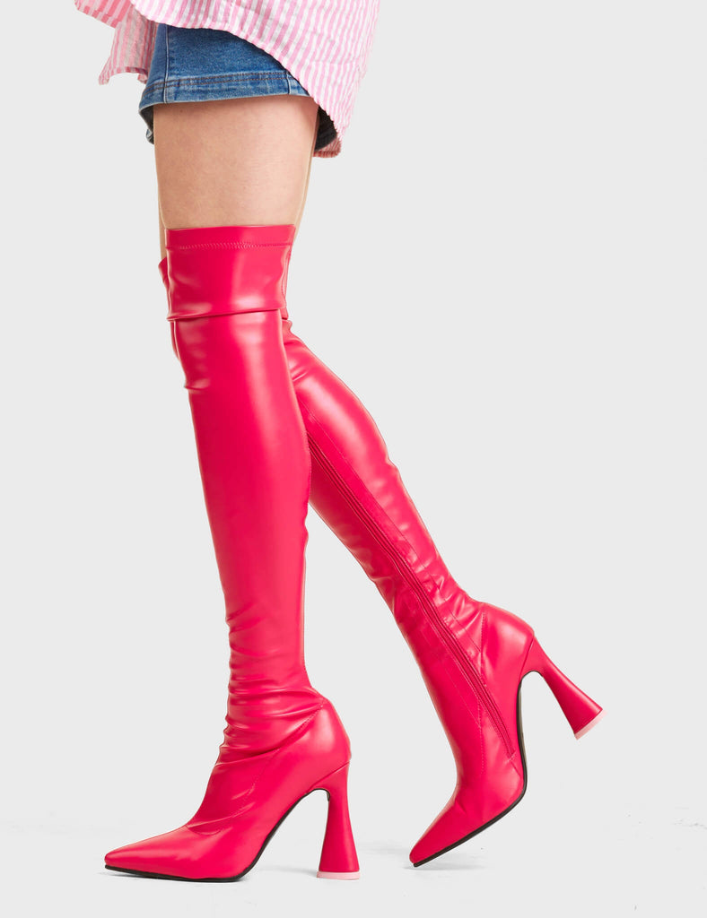 Best Day Thigh Highs in Fuchsia. Minimalistic Thigh Highs with a fitted feel. Features a Light Pink heart heel.