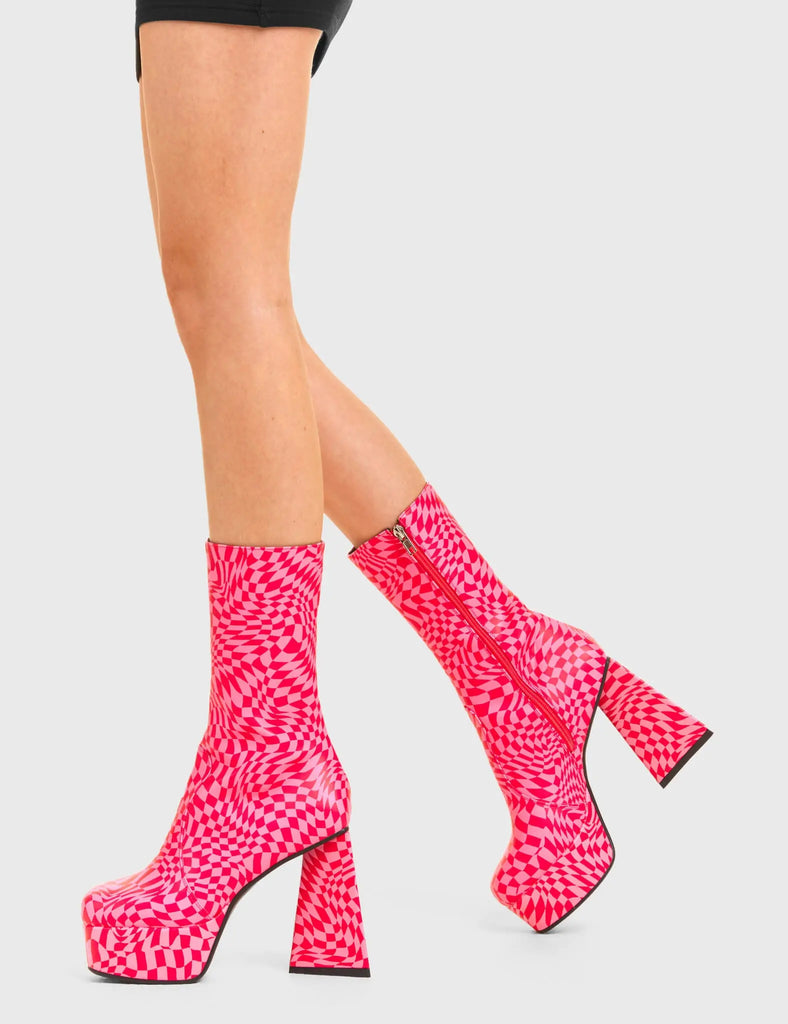 ILLUSIONISTIC Another Realm Platform Ankle Boots in Fachsia and Pink faux leather. These platform boots feature a fachsia and pink check design, keeping it nice and classy. Made with eco-friendly materials and 100% cruelty-free, these platform boots are as ethical as they are chic. - Platform Height - Fachsia and pink check - High Heel - 100% vegan SKU: LMF 3505 - Fuchsia/Pink