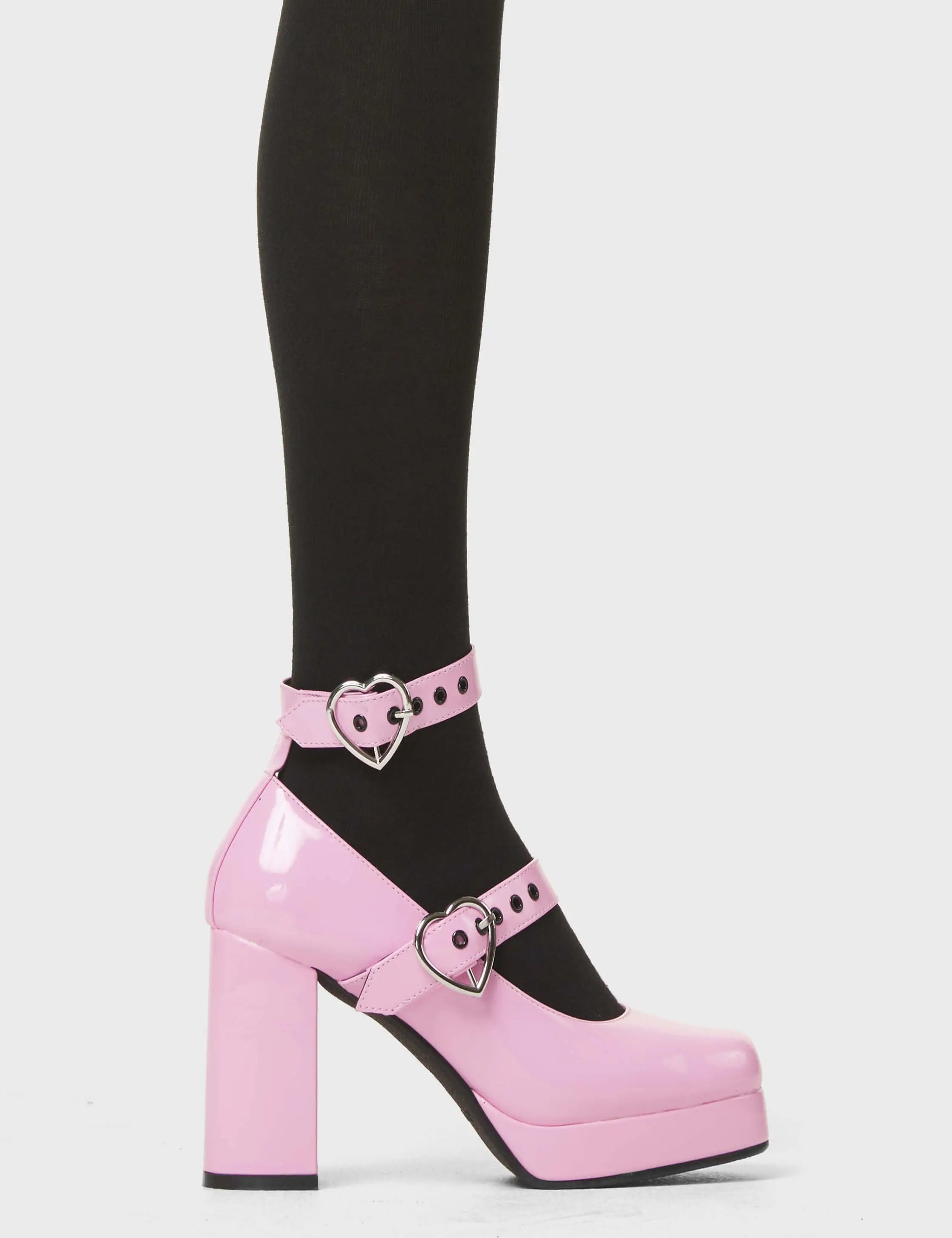 Lamoda Chrome Heart Black Patent Platform Heels Gothic Chunky Festival Shoes