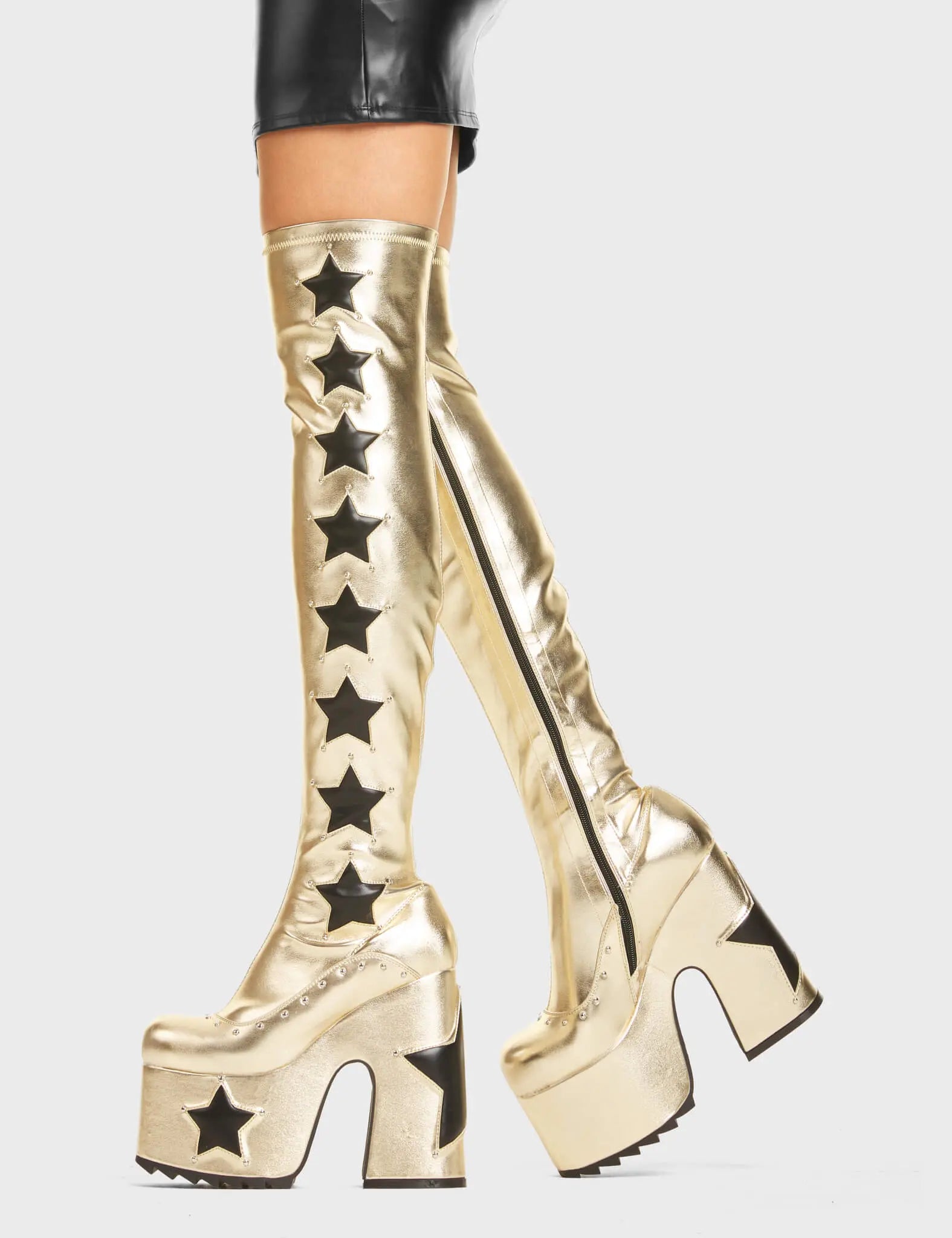 Thigh High 70 Style Boots Lamoda Electricity Gold Black Strappy
