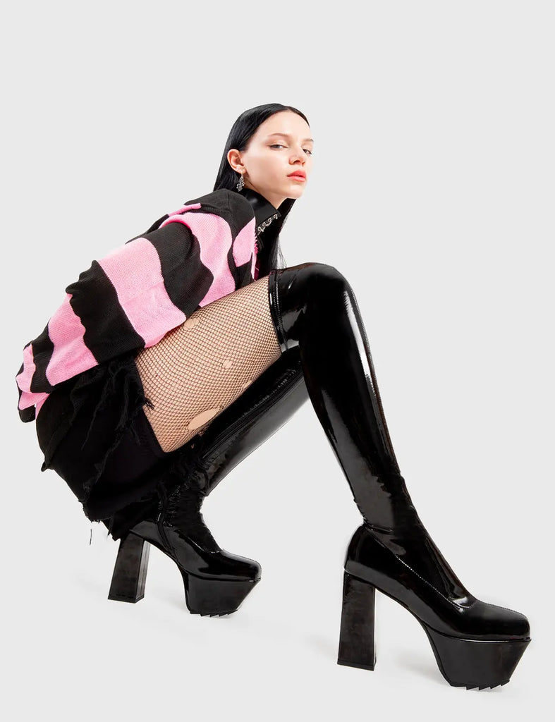 Lamoda Acquitable Black Patent Stretchy Platform Thigh High Boots Trendy Style lamodawebsite