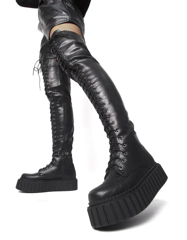 No Turnin' Back Chunky Thigh High Creeper Boots LAMODA