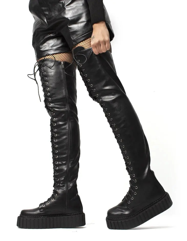 No Turnin' Back Chunky Thigh High Creeper Boots LAMODA