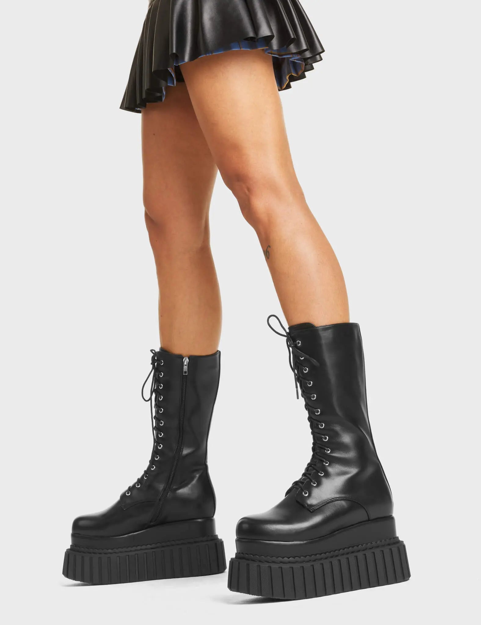 Syktkmx Women's Knee High Boots - Strappy Lace Up Flat Heel, Zip Closure, Faux Leather