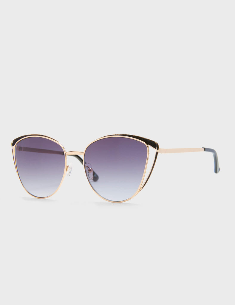 Rosa Cateye Sunglasses. These Cateye sunglasses feature a Gold frame with Black Glitter eyebrows, and a dark Purple tinted lens.&nbsp;