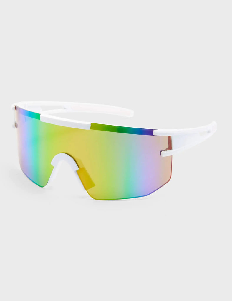Sporty Spice Visor Sunglasses. These Visor sunglasses feature White frame, and a multi colour tinted lens.