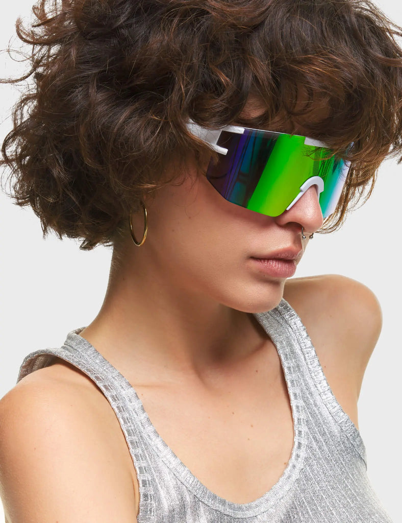 Sporty Spice Visor Sunglasses. These Visor sunglasses feature White frame, and a multi colour tinted lens.