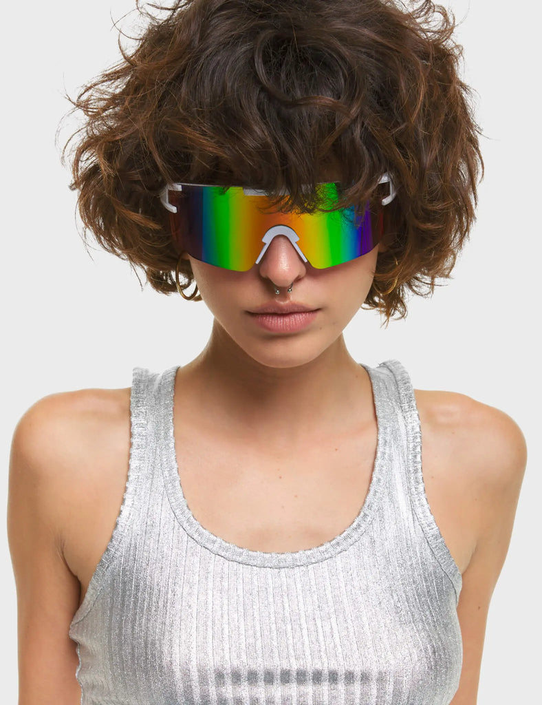 Sporty Spice Visor Sunglasses. These Visor sunglasses feature White frame, and a multi colour tinted lens.