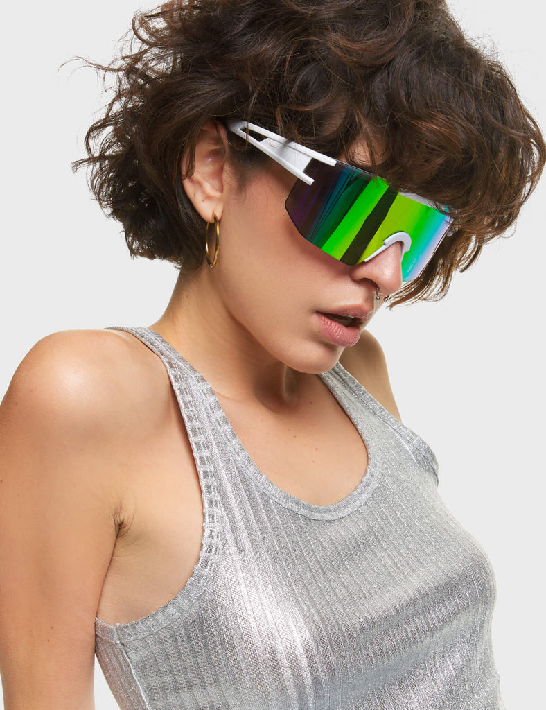 Sporty Spice Visor Sunglasses. These Visor sunglasses feature White frame, and a multi colour tinted lens.