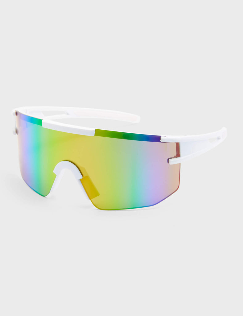 Sporty Spice Visor Sunglasses. These Visor sunglasses feature White frame, and a multi colour tinted lens.