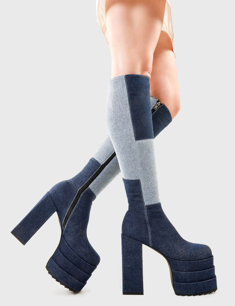 Denim Dolls Talk Of The Town Platform Knee High Boots in Denim. These platform boots feature our iconic Denim finish on a double stack platform sole, take centre stage with these jaw dropping boots. Made with eco-friendly materials and 100% cruelty-free, these platform boots are as ethical as they are Jaw dropping. - Platform Height - Heel Height - Black Zip - Knee high length - Shark's teeth grip - Chunky Platform sole - Round Toe - 100% vegan SKU: LMF 2701 - Denim
