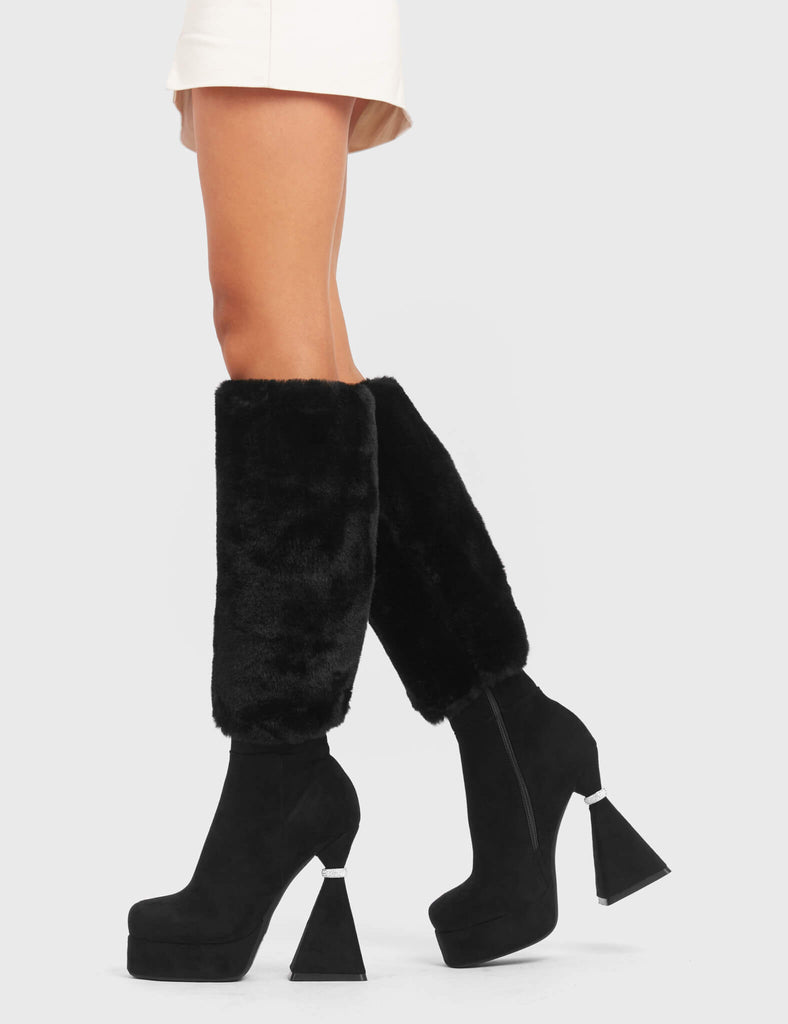 ASPIRATIONAL
 
 Ambitious Platform Knee High Boots in Black faux suede leather. These platform boots feature a flared heel that includes silver ring detailing on the heel.. Also features exuberant fur detailing across the upper, keeping it nice and classy. Made with eco-friendly materials, these platform boots are as ethical as they are chic.
 
 - Platform Height
 - Knee High Length
 - Fur Detailing
 - Flared Heel
 - Silver Ring Detail
 - Suede
 - 100% vegan
 
 SKU: LMF 5440 - BlackSUEDE/Fur