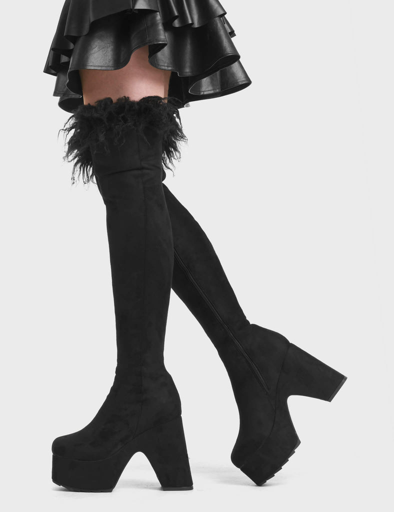 Another Level Platform Thigh High Boots in Black Suede. These Platform Thigh High Boots feature a fur neck.