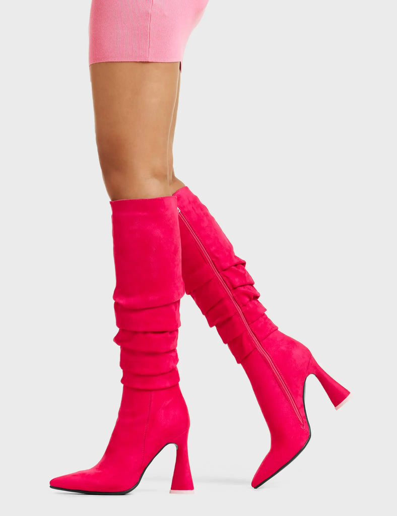 NO BURDEN
 
 Atomic Platform Knee High Boots in Fuchsia faux suede leather. These platform boots feature a chic look with layered upper and a heart shaped heel that also has a pink heart at the bottom, keeping it nice and classy. Made with eco-friendly materials and 100% cruelty-free, these platform boots are as ethical as they are chic.
 
 - Platform Height
 - Knee High length
 - Layered Upper
 - Heart Shaped Heel
 - Heart Detail
 - 100% vegan
 
 SKU: LMF 4823 - FuchsiaSUEDE