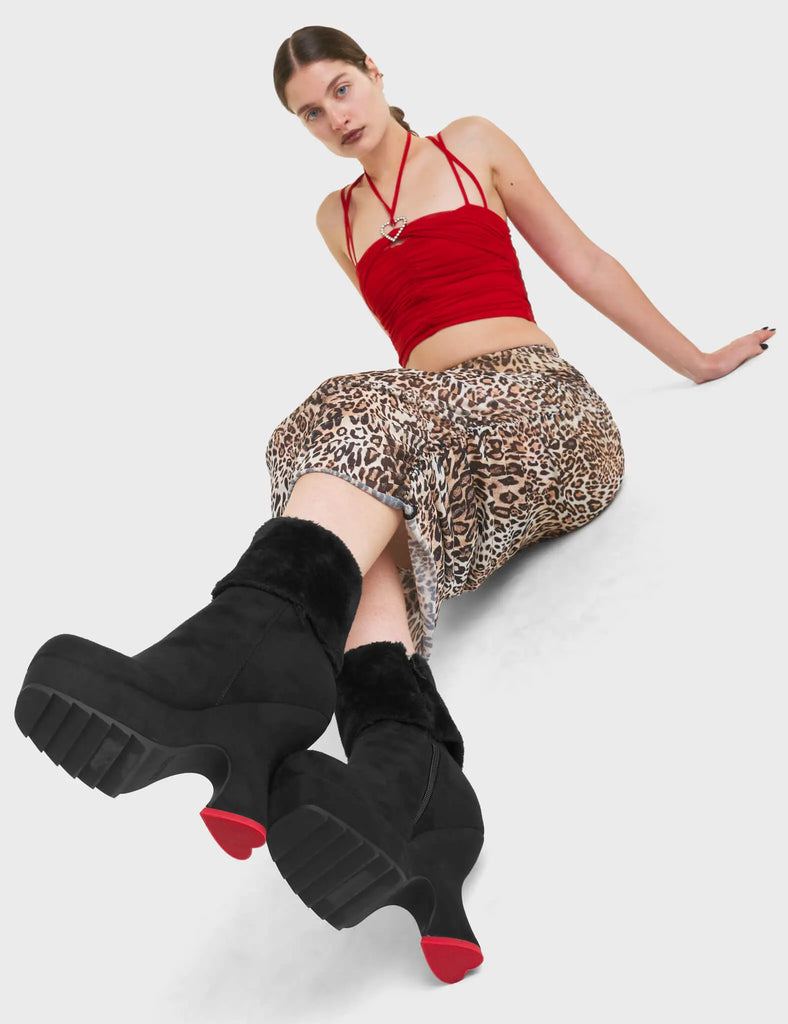 Cause For Concern Chunky Platform Ankle Boots in Black Suede. These Platform Boots feature Fur neck and a heart shaped heel.