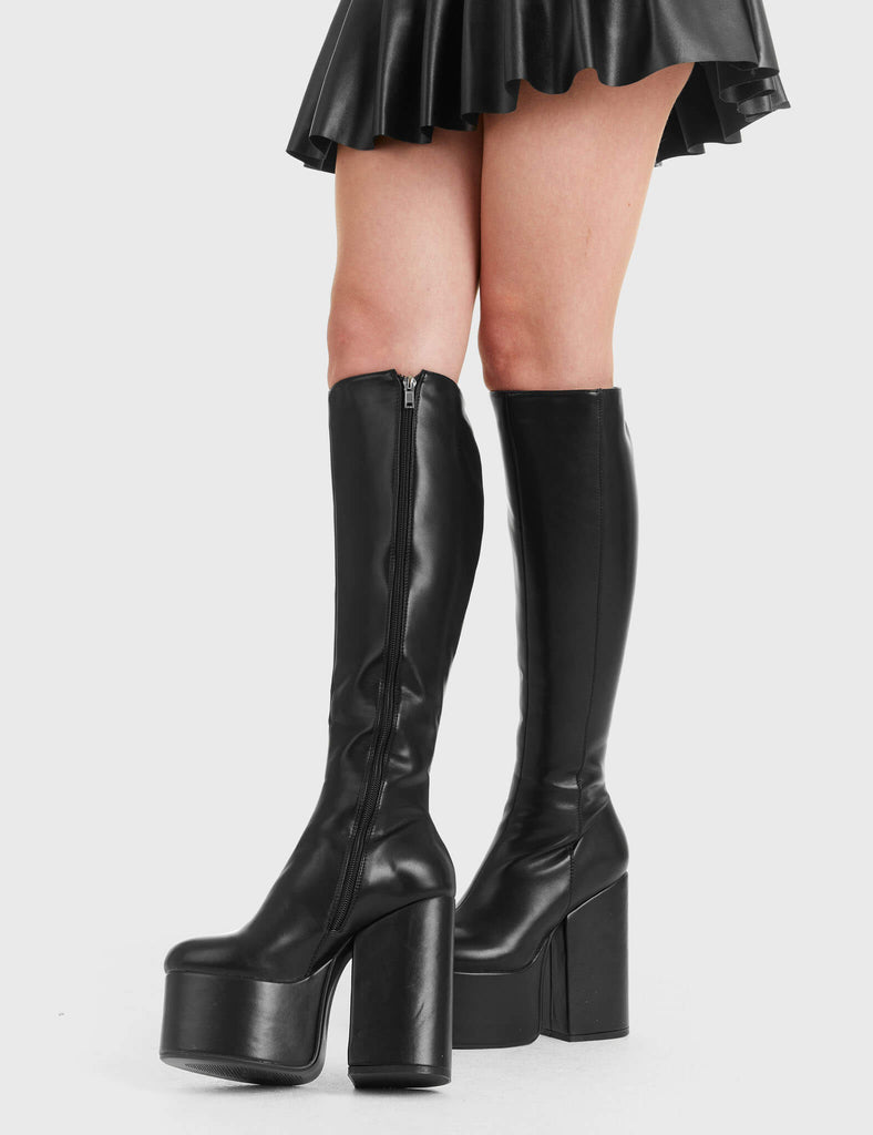 On Fleek!
 
 Concert Platform Knee High Boots in Black faux leather. These black platform boots feature on our High Platform Sole, stepping into style that is always on fleek. Made with eco-friendly materials and 100% cruelty-free, these platform boots are as ethical as they are Stylish!
 
 - Platform Height
 - Heel Height
 - Knee high lengh
 - Black Zipper 
 - HighPlatform sole
 - Round Toe 
 - 100% vegan 
 
 SKU: LMF 2256 - BlackPU