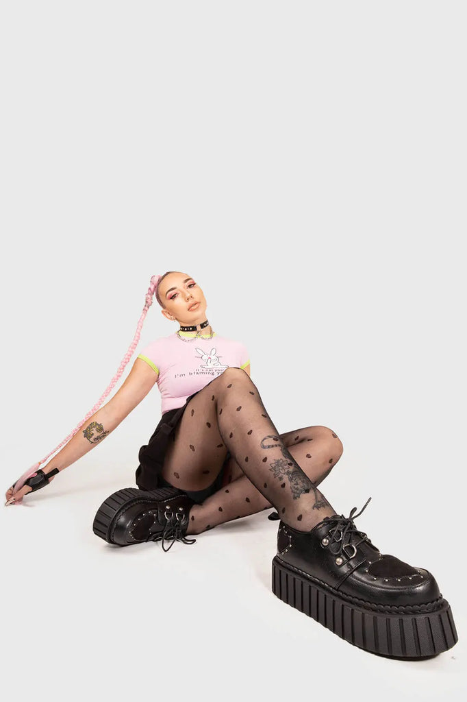 Solemates
 
 Cryptic Love Chunky Creeper Shoes in Black faux leather. These Black vegan creeper shoes feature two black suede hearts on the upper and to the side of the shoe , falling in love one step at a time. Made with eco-friendly materials and 100% cruelty-free, these creeper shoes are as ethical as they are loveable!
 
 
 - Platform Height: 2.3 inch
 - Black laces 
 - Silver eyelets
 - Black suede hearts
 - Silver studs 
 - Chunky Creeper sole
 - Round Toe
 - 100% vegan 
 
 SKU: LMF 1582 - BlackPU