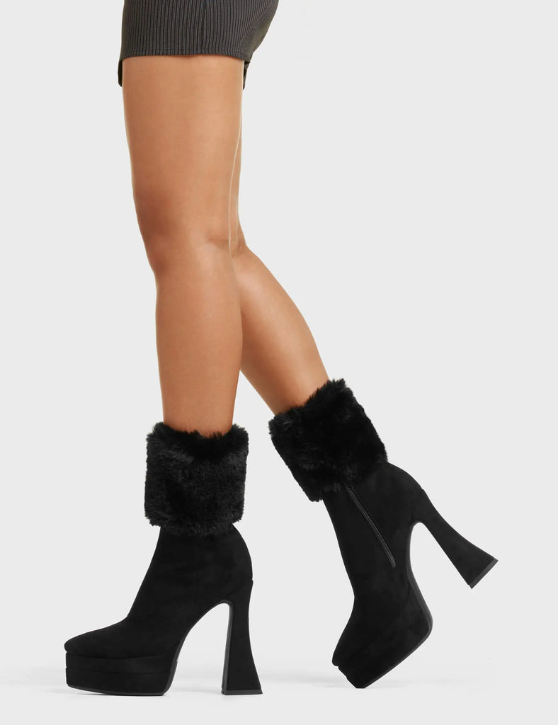 SWEET TOOTH
 
 Cupcake Platform Ankle Boots in Black faux suede. These platform boots feature a sleek look with a curved shaped heel. Also features exuberant fur detailing across the ankle, keeping it nice and classy. Made with eco-friendly materials and 100% cruelty-free, these platform boots are as ethical as they are chic.
 
 - Platform Height
 - Ankle length
 - Fur Detailing
 - Flared Heel
 - High Heel
 - Suede
 - 100% vegan
 
 SKU: LMF 5460 - BlackSUEDE/Fur