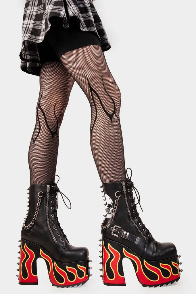 Blazing Trails
 
 Expensive Pain Chunky Platform Ankle Boot in Black faux leather. These black vegan Platform Boots feature a flame design on the sole and skull design on the outer with lace up detail, ignite your style and step into fire fashion. 
 
 
 - Platform Height
 - Heel Height 
 - Silver zipper
 - Flame design
 - Black laces with silver eyelets 
 - Silver spiked studs 
 - Adjustable black strap with silver eyelets
 - Square shaped buckles
 - Silver chain
 
 
 SKU: LMF 2051 - Black/Flame