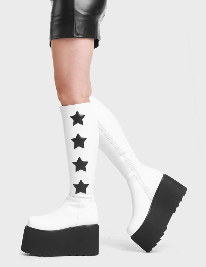 Extraterrestrial Platform Knee High Boots in White. These Platform Knee High Boots feature Black Stars.