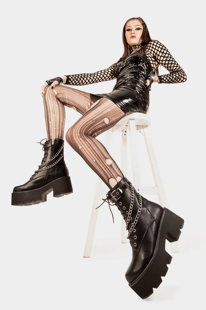 Rise and Shine.

Flip The Switch Chunky Platform Boots in Black faux leather. These Black vegan Platform Boots feature black lace up detail with two hanging chains, from sunrise to sunset slay all day! Made with eco-friendly materials and 100% cruelty-free, these platform boots are as ethical as they are radiant.


- Platform Height: 3 inch
- Black Zipper
- Black Laces
- Silver eyelets
- Silver Chains 
- Black strap silver buckle 
- Chunky Platform sole
- Round Toe
- 100% vegan 

SKU: LMF 1849 - BlackPU