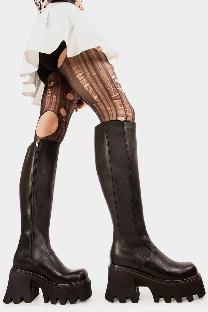 Punk Power
 
 For You Chunky Platform Knee High Boots in Black faux leather. These Black vegan Knee High Boots feature on a chunky platform sole with a stretchy gusset detail, elevate you style. Made with eco-friendly materials and 100% cruelty-free, these boots are as ethical as they are powerful!
 
 
 - Platform Height: 3.3 inch
 - Knee High length
 - Black zipper 
 - Chunky Platform sole
 - Gusset detail
 - Wide calf and ankle friendly
 - Round toe 
 - 100% vegan 
 
 SKU: LMF 1246 - BlackPU