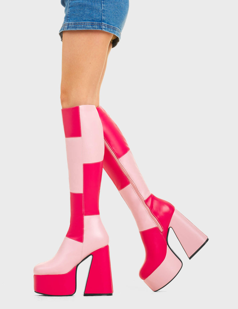DISCO TIME
 
 Gemini Platform Knee High Boots in Pink and Fuchsia faux leather. These platform boots feature a pink and fuchsia patch work design with a flared heel, keeping it nice and classy. Made with eco-friendly materials and 100% cruelty-free, these platform boots are as ethical as they are chic.
 
 - Platform Height
 - Knee high length
 - Patch work design
 - Flared heel
 - High Heel
 - 100% vegan
 
 SKU: LMF 4487 - PinkPU/FuchsiaPU