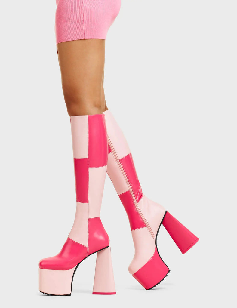 DOUBLE TROUBLE
 
 Getting Better Platform Knee High Boots in Pink and Fuchsia faux leather. These platform boots feature a pink and fuchsia patch work design with a heart shaped heel that has a heart detailing at the bottom, keeping it nice and classy. Made with eco-friendly materials and 100% cruelty-free, these platform boots are as ethical as they are chic.
 
 - Platform Height
 - Knee High Length
 - Patch Work Design
 - Heart Heel
 - Heart Detail 
 - 100% Vegan
 
 SKU: LMF 4904 - Pink/FuchsiaPU