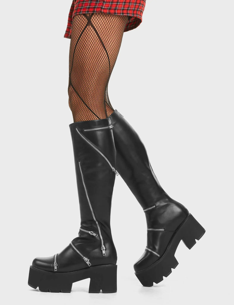 Go Figure Chunky Platform Knee High Boots in Black. Feature silver zip detailing on a chunky platform sole.