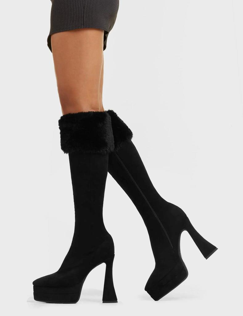 INNER PEACE
 
 Good Soul Platform Knee High Boots in Black faux suede. These platform boots feature a sleek look with a curved shaped heel. Also features exuberant fur detailing across the upper, keeping it nice and classy. Made with eco-friendly materials and 100% cruelty-free, these platform boots are as ethical as they are chic.
 
 - Platform Height
 - Knee High Length
 - Fur Detailing
 - Flared Heel
 - High Heel
 - Suede
 - 100% vegan
 
 SKU: LMF 5463 - BlackSUEDE/Fur