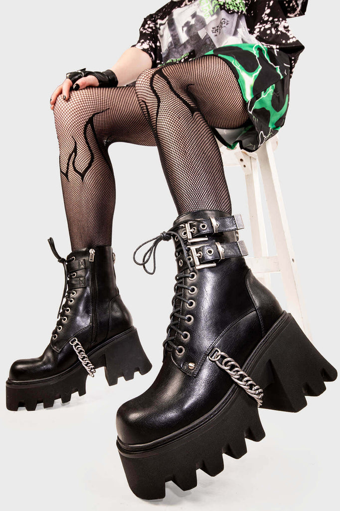 Astrological Pattern Vegan Leather Chunky Boots - Free