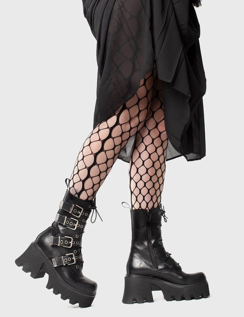 MAKE YOUR STATEMENT
 
 Hysteria Chunky Platform Ankle Boots in Black faux leather. These Platform Ankle Boots feature Silver buckles on a Chunky and comfortable Platform sole, making them the perfect choise to dress up any outfit! Made with eco-friendly materials and 100% cruelty-free.
 
 
 - Platform Height: 3.3 inch
 - High ankle height
 - Square buckles and silver eyelets
 - Chunky Platform sole
 - Lace up
 - Black zipper
 - Square toe 
 - 100% vegan 
 
 SKU: LMF 1091 - BlackPU