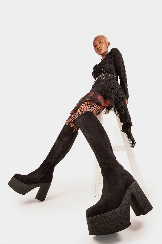 Bold Steps 
 
 I'm What You Want Platform Knee High Boots in Black Suede. These Black vegan Platform Boots feature black suede material on a chunky lightweight sole, making them the perfect pair for a night out! Made with eco-friendly materials and 100% cruelty-free!
 
 - Platform Height: 1.6 inch
 - Heel Height: 4.4 inch
 - Black Zipper
 - Gusset detail
 - Wide Ankle and Calf Friendly 
 - Chunky sole
 - Round Toe
 - 100% vegan 
 
 SKU: LMF 1823 - BlackSUEDE
