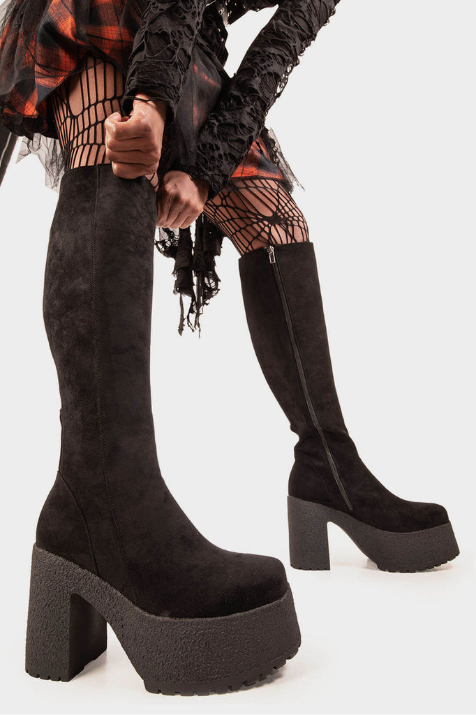 Bold Steps 
 
 I'm What You Want Platform Knee High Boots in Black Suede. These Black vegan Platform Boots feature black suede material on a chunky lightweight sole, making them the perfect pair for a night out! Made with eco-friendly materials and 100% cruelty-free!
 
 - Platform Height: 1.6 inch
 - Heel Height: 4.4 inch
 - Black Zipper
 - Gusset detail
 - Wide Ankle and Calf Friendly 
 - Chunky sole
 - Round Toe
 - 100% vegan 
 
 SKU: LMF 1823 - BlackSUEDE