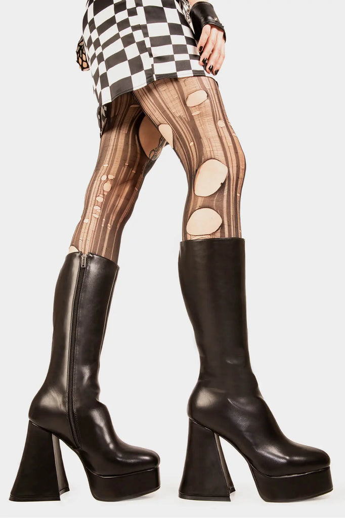 Obsessed
 
 Infatuation Platform Calf Boots in Black faux leather. These black vegan Platform Boots feature on our platform sole, walking on platform dreams.Made with eco-friendly materials and 100% cruelty-free, these platform boots are as ethical as they are sexy.
 
 
 - Platform Height: 2.6 inch
 - Heel Height: 5.5 inch
 - Calf High length
 - Black Zipper
 - Platform sole
 - Flared heel
 - Round Toe
 - 100% vegan 
 
 SKU: LMF 1869 - BlackPU