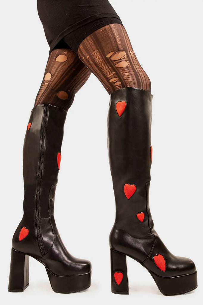 THE ONE FROM INSTA'

Jam Tarts Platform Knee High Boots in Black faux leather. These Black vegan Boots feature our ICONIC Red faux suede hearts and Platform sole and heel, perfect for adding height and style to any outfit. Made with eco-friendly materials and 100% cruelty-free, these boots are as ethical as they are cute!


- Platform Height: 1.25 inch
- Heel Height: 4.2 inch
- Knee High length
- Red Hearts
- Black zipper 
- Platform sole
- Round Toe
- 100% vegan 

SKU: LMF 0916 - Black/RedHeart