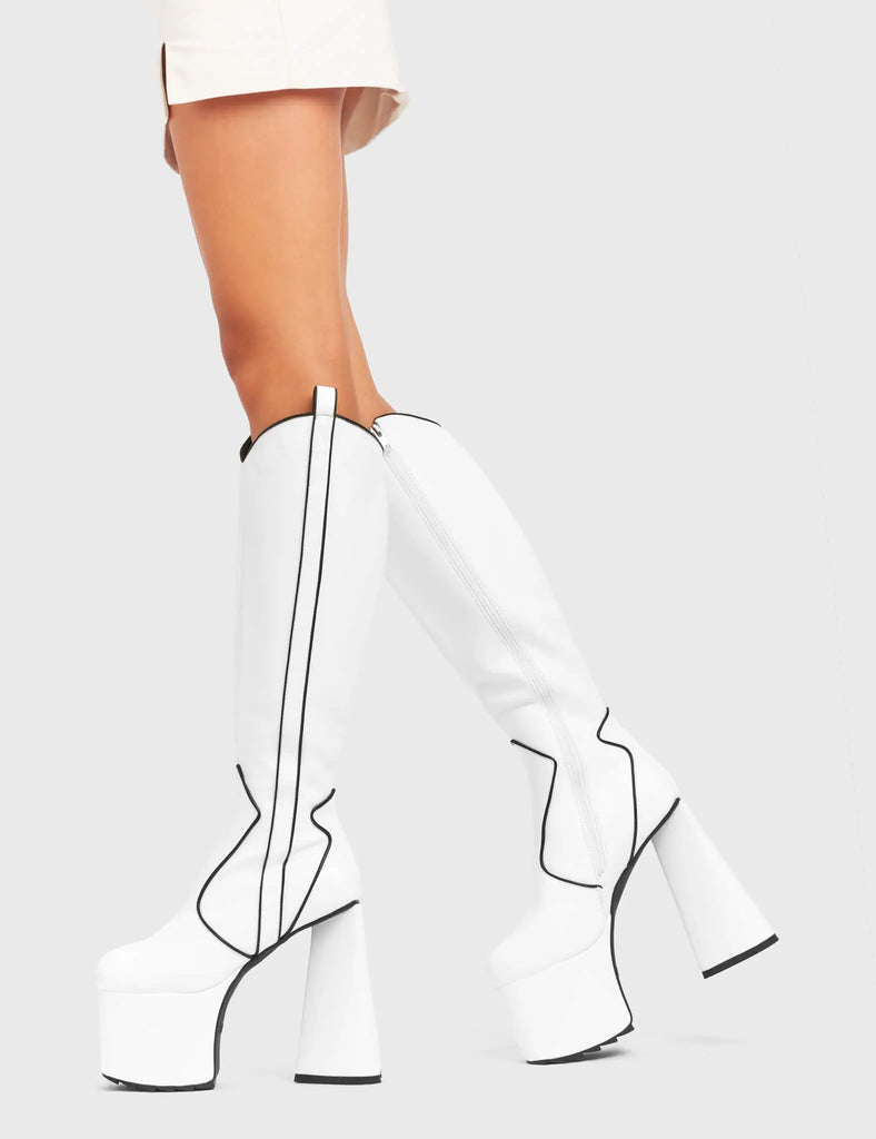 DONT STOP

Keep It Up Platform Knee High Boots in White faux leather. These platform boots feature a minimalist look with a heart shaped heel and a black heart at the bottom, keeping it nice and classy. The boots also feature black line detailing across the upper. Made with eco-friendly materials and 100% cruelty-free, these platform boots are as ethical as they are chic.

- Platform Height
- Knee High Length
- Heart Heel
- Black Heart
- White Zip
- High Heel
- 100% vegan

SKU: LMF 4905 - WhitePU