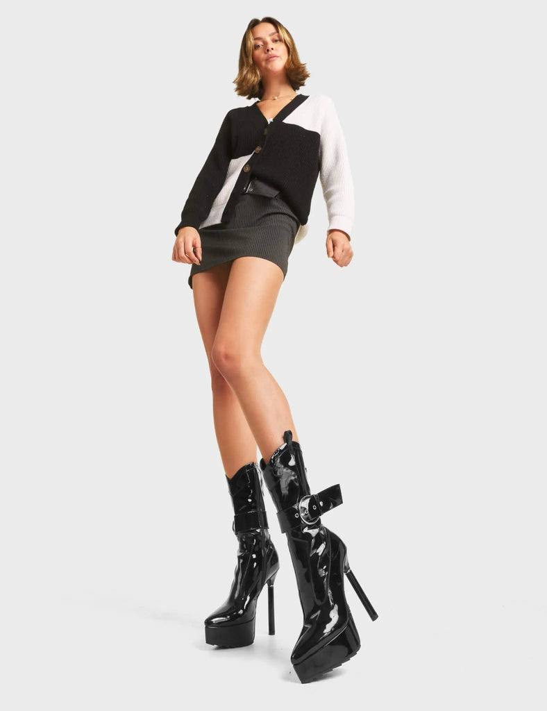 Keep Waitin' Western Platform Calf Boots  features a signature thin silver ring platform heel.