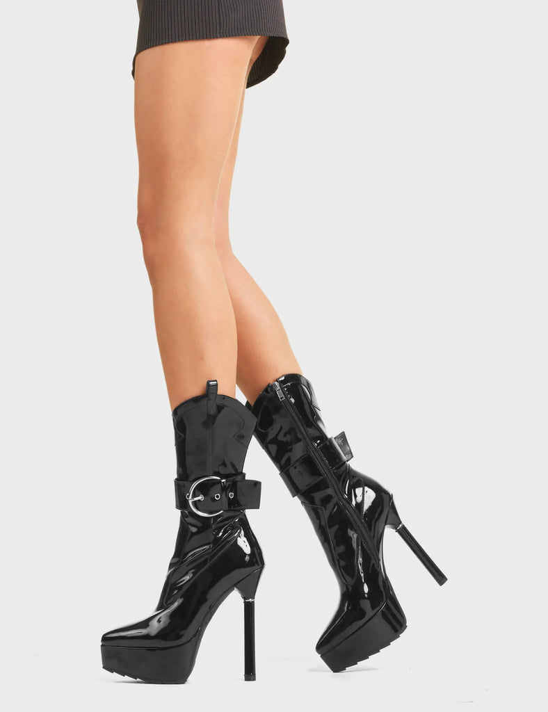 Keep Waitin' Western Platform Calf Boots  features a signature thin silver ring platform heel.