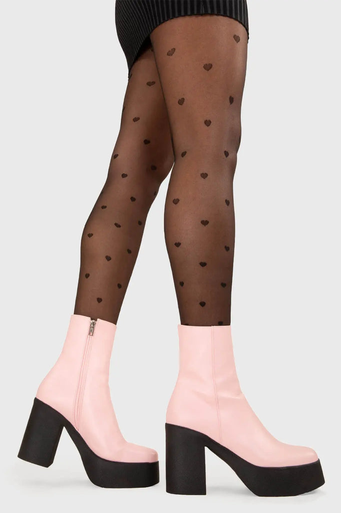 THE TRENDING ONE
 
 My Hero Platform Ankle Boots in Pink faux leather. These Black vegan Ankle Boots feature an elegant clutter free design and a Platform sole and heel, perfect for adding height and style to any outfit. Made with eco-friendly materials and 100% cruelty-free, these boots are as ethical as they are stylish.
 
 
 - Platform Height: 1.25 inch
 - Heel Height: 4 inch
 - Low ankle length
 - Pink zipper 
 - Platform sole
 - Square toe 
 - 100% vegan 
 
 SKU: LMF 1211 - PinkPU