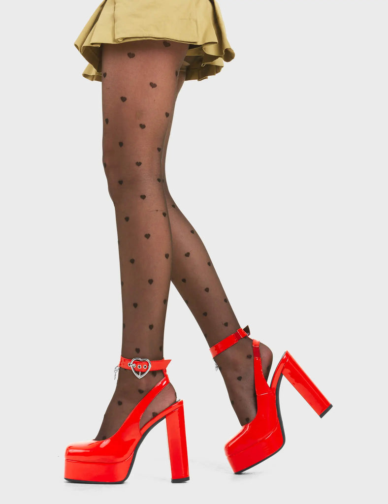 STEP FREELY
 
 My Way Platform Heels in Red Patent. These heels features a adjustable red ankle strap with silver eyelets and a heart shaped buckle, Also features a silver hanging charm Step Freely with these platform heels. Made with eco-friendly materials and 100% cruelty-free!
 
 - Platform Height
 - Heel Height
 - Adjustable Red Strap
 - Silver eyelets
 - Heart shaped buckle
 - Platform sole
 - Pointed Toe
 - 100% vegan
 
 SKU: LMF 3791 - RedPAT