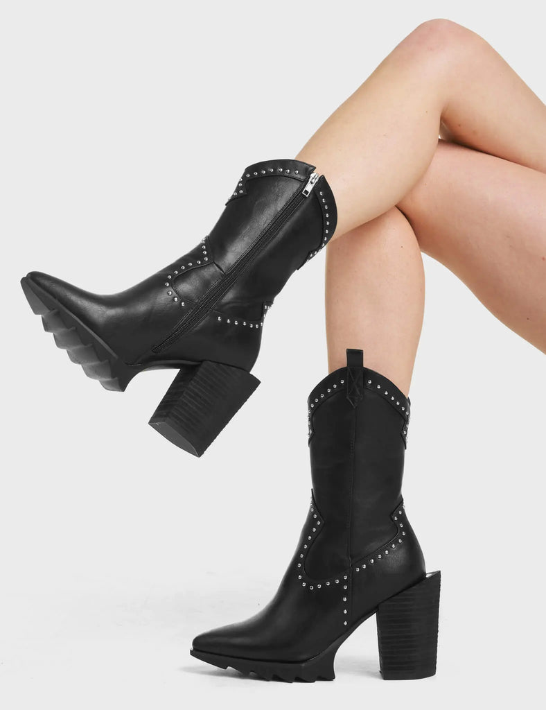 No Insecurities Western Ankle Boots in Black. These Western boots feature silver studs. Made with eco-friendly materials and 100% cruelty-free.