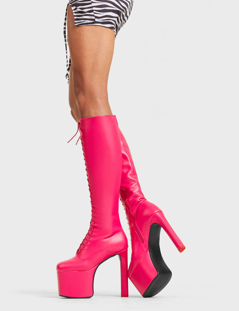 TRACKSTAR
 
 Nowhere To Run Platform Knee High Boots in Fuchsia faux leather. These platform boots feature a stylish look with a heart shaped heel with a red heart at the bottom. These boots also feature lace up design across the entire upper of the boots. Made with 100% Vegan materials.
 
 - Platform Height 
 - Knee High Length 
 - Heart Shaped Heel
 - Red Heart Detail
 - Red Heart Detail 
 - Lace Up Design 
 - Black Zip 
 - High Heel 
 - 100% Vegan 
 
 SKU: LMF 4648 - FuchsiaPU