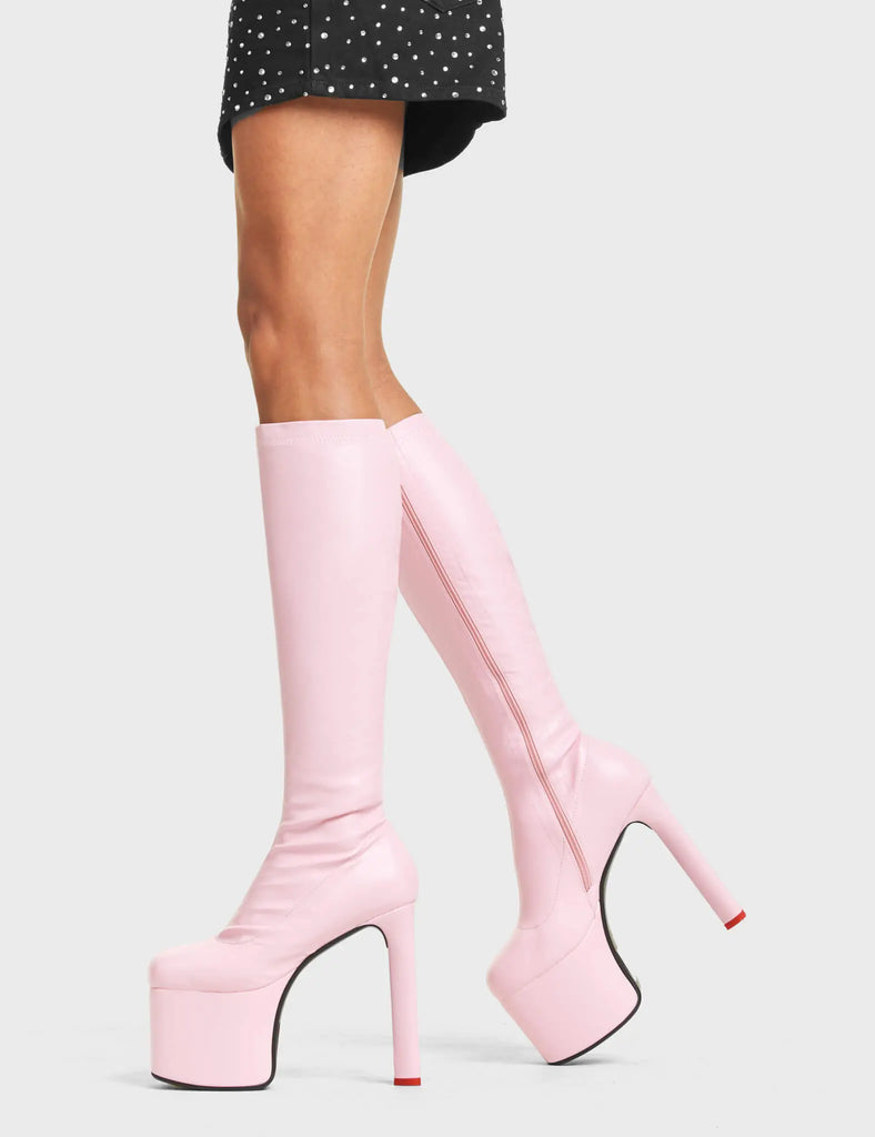 SHOWSTOPPER
 
 Rockstar Girlfriend Platform Knee High Boots in Pink faux leather. These platform boots feature a minimalist look with a stretchy construction. Features a heart shaped heel with a red heart at the bottom Made with eco-friendly materials and 100% cruelty-free, these platform boots are as ethical as they are chic.
 
 - Platform Height:
 - Heel Height: 
 - Knee high 
 - Red Heart
 - Heart heel
 - High Heel
 - 100% vegan 
 
 SKU: LMF 4646 - PinkStretchPU