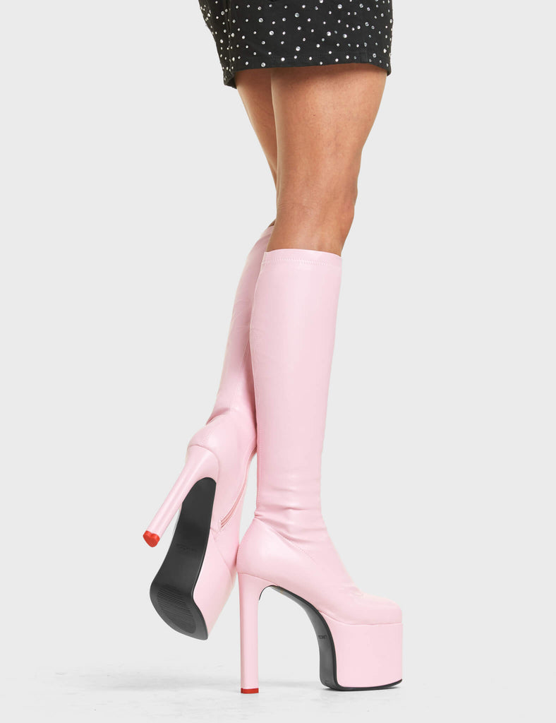 SHOWSTOPPER
 
 Rockstar Girlfriend Platform Knee High Boots in Pink faux leather. These platform boots feature a minimalist look with a stretchy construction. Features a heart shaped heel with a red heart at the bottom Made with eco-friendly materials and 100% cruelty-free, these platform boots are as ethical as they are chic.
 
 - Platform Height:
 - Heel Height: 
 - Knee high 
 - Red Heart
 - Heart heel
 - High Heel
 - 100% vegan 
 
 SKU: LMF 4646 - PinkStretchPU
