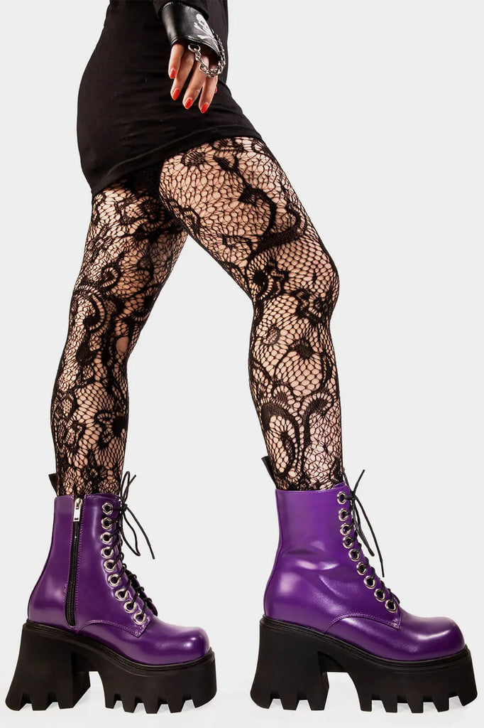 TAKE ON THE WORLD
 
 Run To You Chunky Platform Ankle Boots in Purple. These vegan Boots feature a CHUNKY Platform sole and large O shaped eyelets, perfect for adding height and edge to any outfit. Made with eco-friendly materials and 100% cruelty-free, these Boots are as ethical as they are hot!
 
 
 - Platform Height: 3.3 inch
 - Black zipper
 - Lace up
 - O shaped buckle and silver eyelets
 - CHUNKY Platform sole
 - Square toe
 - 100% vegan
 
 SKU: LMF 1370 - PurplePU