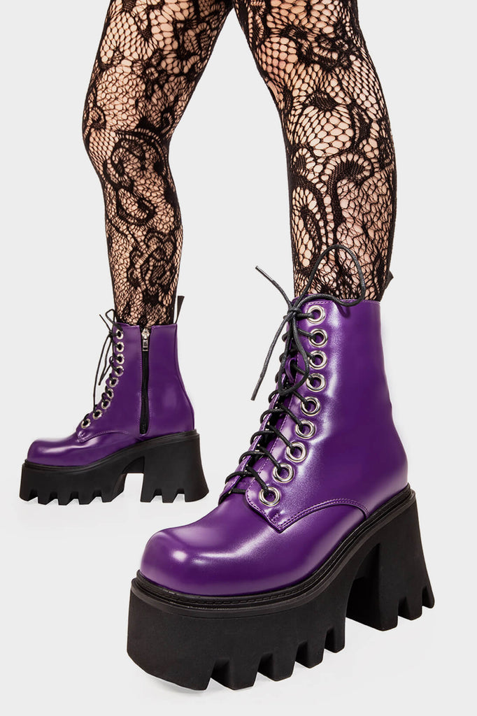 TAKE ON THE WORLD
 
 Run To You Chunky Platform Ankle Boots in Purple. These vegan Boots feature a CHUNKY Platform sole and large O shaped eyelets, perfect for adding height and edge to any outfit. Made with eco-friendly materials and 100% cruelty-free, these Boots are as ethical as they are hot!
 
 
 - Platform Height: 3.3 inch
 - Black zipper
 - Lace up
 - O shaped buckle and silver eyelets
 - CHUNKY Platform sole
 - Square toe
 - 100% vegan
 
 SKU: LMF 1370 - PurplePU