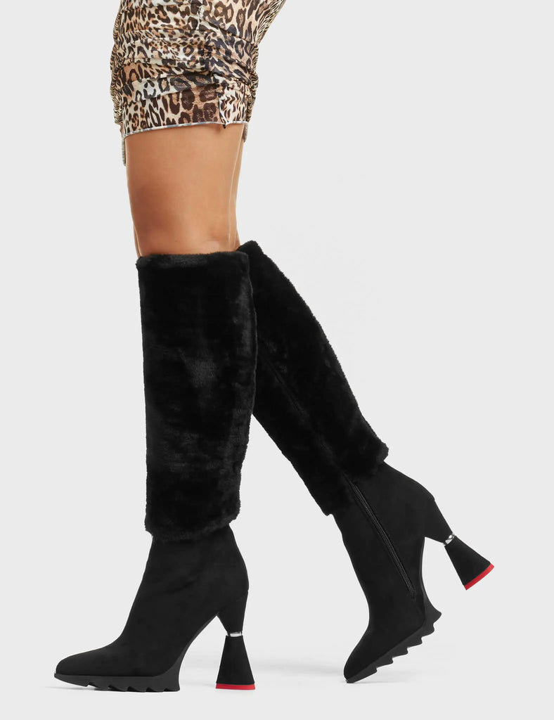 GOOD LIFE

So Fur So Good Platform Knee High Boots in Black faux leather. These platform boots feature a sleek look with a falred and heart shaped heel that also features a red heart at the bottom. Also features exuberant fur detailing across the upper, keeping it nice and classy. Made with eco-friendly materials, these platform boots are as ethical as they are chic.

- Platform Height
- Knee High Length
- Fur Detailing
- Flared Heel
- Heart Heel
- Suede
- 100% vegan

SKU: LMF 5418 - BlackSUEDE/Fur