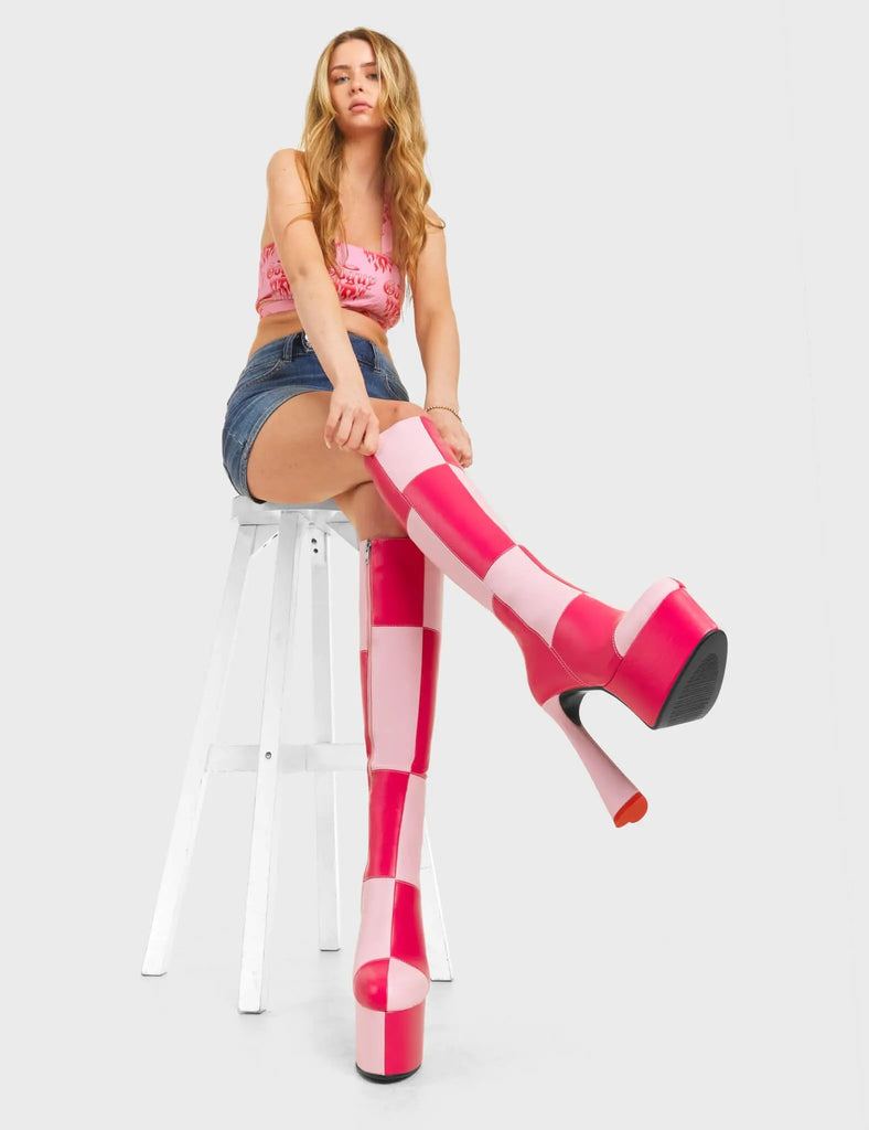 SPLIT SCREEN
 
 Sweet Tooth Platform Knee High Boots in Pink and Fuchsia faux leather. These platform boots feature a pink and fuchsia patch work design with a heart shaped heel and a red heart at the bottom. Made with eco-friendly materials and 100% cruelty-free, these platform boots are as ethical as they are chic.
 
 - Platform Height
 - Knee high length
 - Patch work design
 - Heart heel
 - Red Heart
 - High Heel
 - 100% vegan
 
 SKU: LMF 4474 - PinkPU/FuchsiaPU