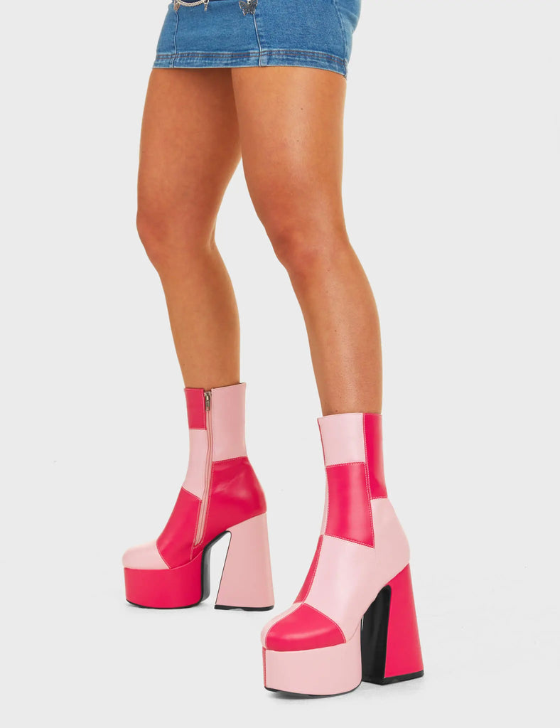 TIME TO TANGO
 
 These Girls Platform Ankle Boots in Pink and Fuchsia faux leather. These platform boots feature a Pink and Fuchsia patch work design with a triangle heel, keeping it nice and classy. Made with eco-friendly materials and 100% cruelty-free, these platform boots are as ethical as they are chic.
 
 - Platform Height
 - Knee high length
 - Patch work design
 - Triangle heel
 - High Heel
 - 100% vegan
 
 SKU: LMF 4486 - PinkPU/FuchsiaPU